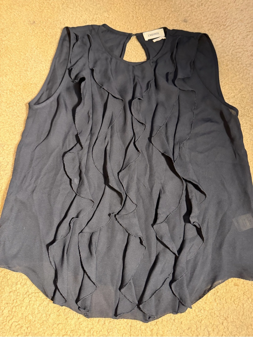L’AGENCE XS Black 100% Silk Cascading Ruffle Sleeveless Blouse Top